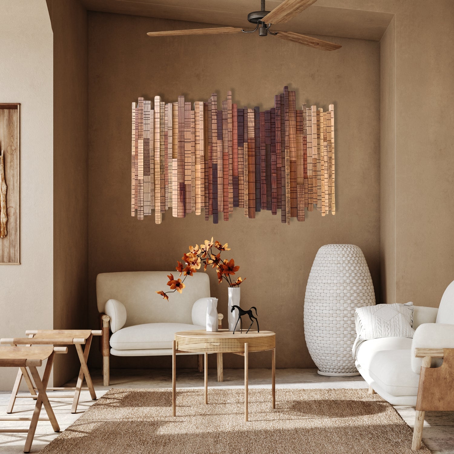 Sculptural wooden wall art from the “A Walk Through the Forest” collection, featuring a vertical design handcrafted from exotic hardwoods in rich, natural tones - inspired by the many trees that grow in the forest, and shaped to celebrate their texture, grain, and form.