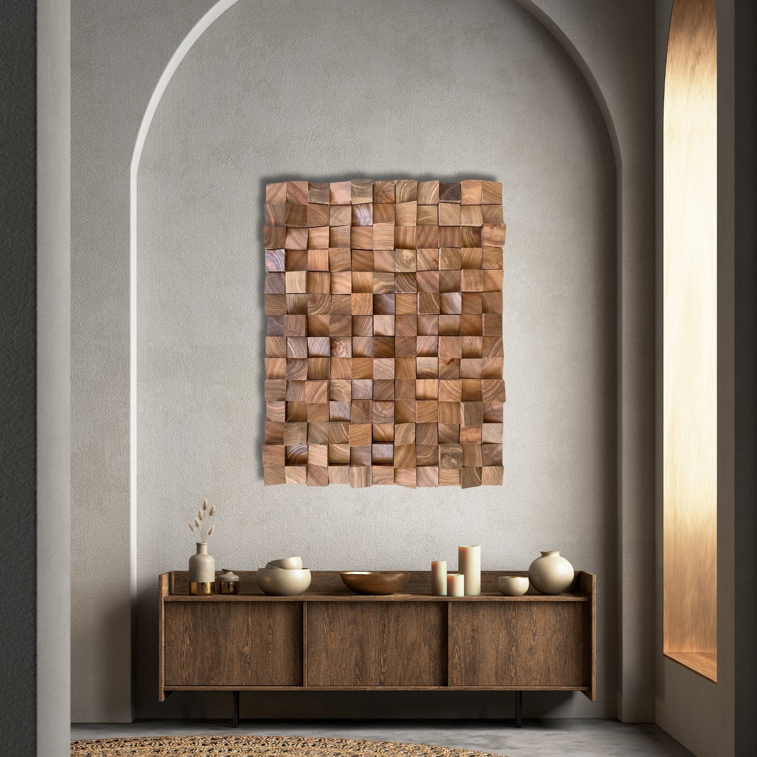Textured wooden wall panel made in South Africa, featuring natural Kiaat hardwoods arranged for visual and acoustic balance