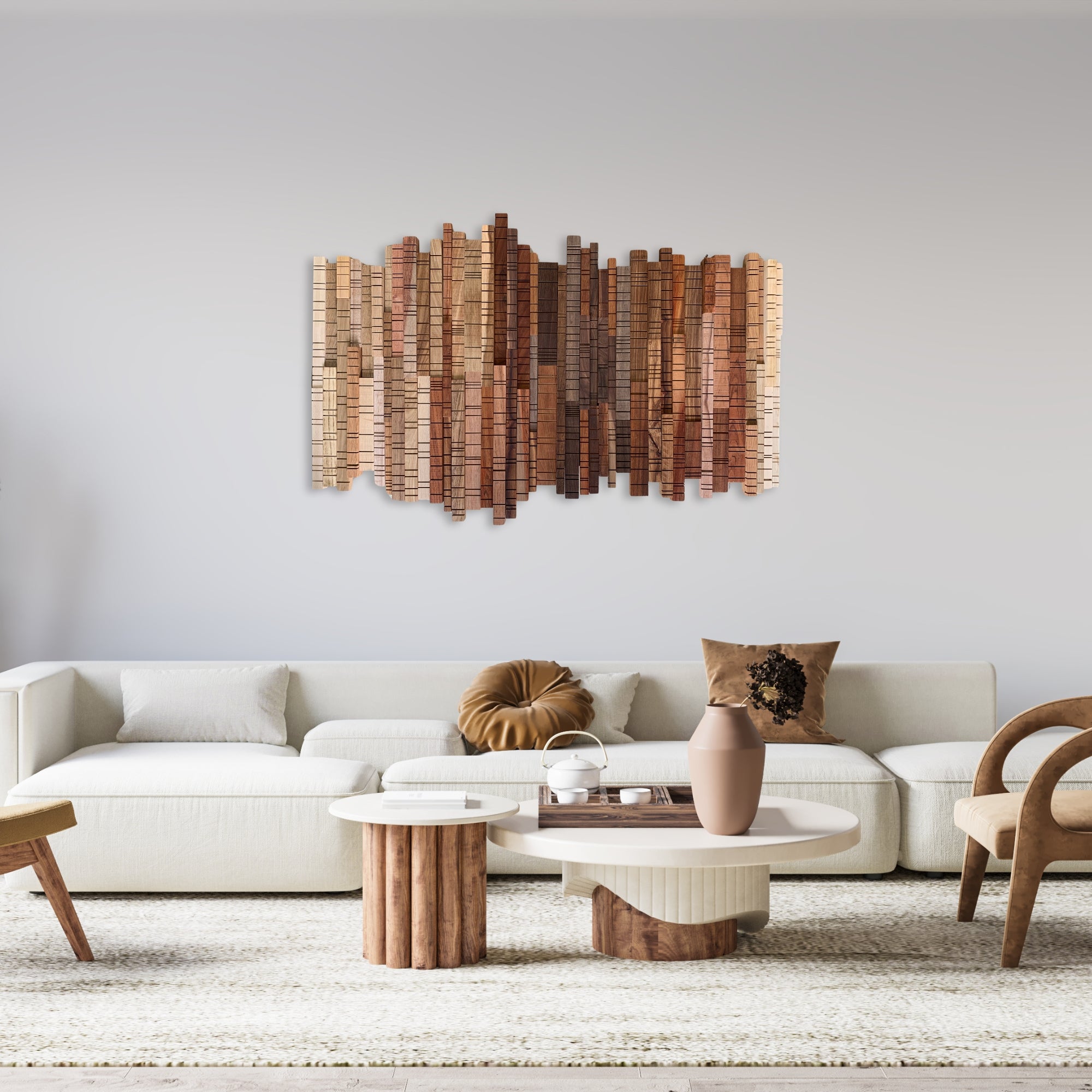 Layered wood wall art in natural forest tones, handcrafted from exotic hardwoods as part of the “A Walk Through the Forest” collection. Sculptural and textural wall piece in warm brown, reddish, and blonde wood shades.