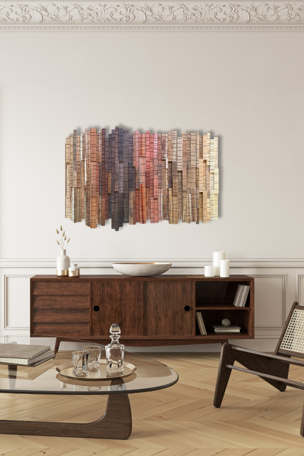 A Walk Through the Forest wooden wall art displayed above a dark wooden console in a refined neutral interior.