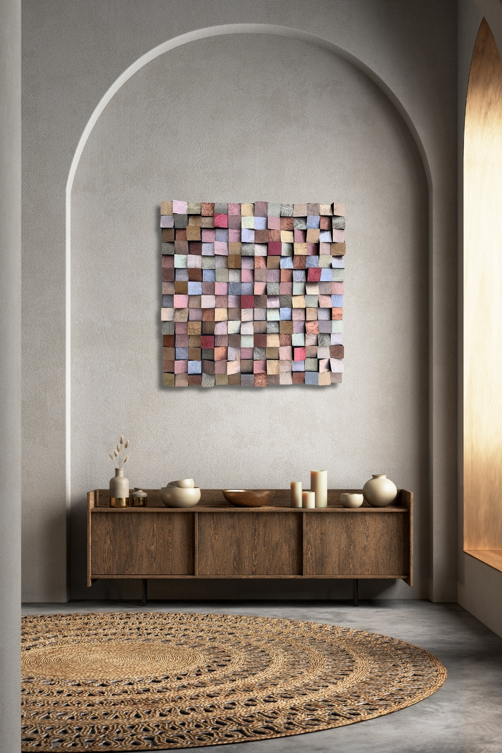Bronze, gold, and champagne liquid metal wood mosaic wall art displayed in a warm arched interior above a wooden sideboard.