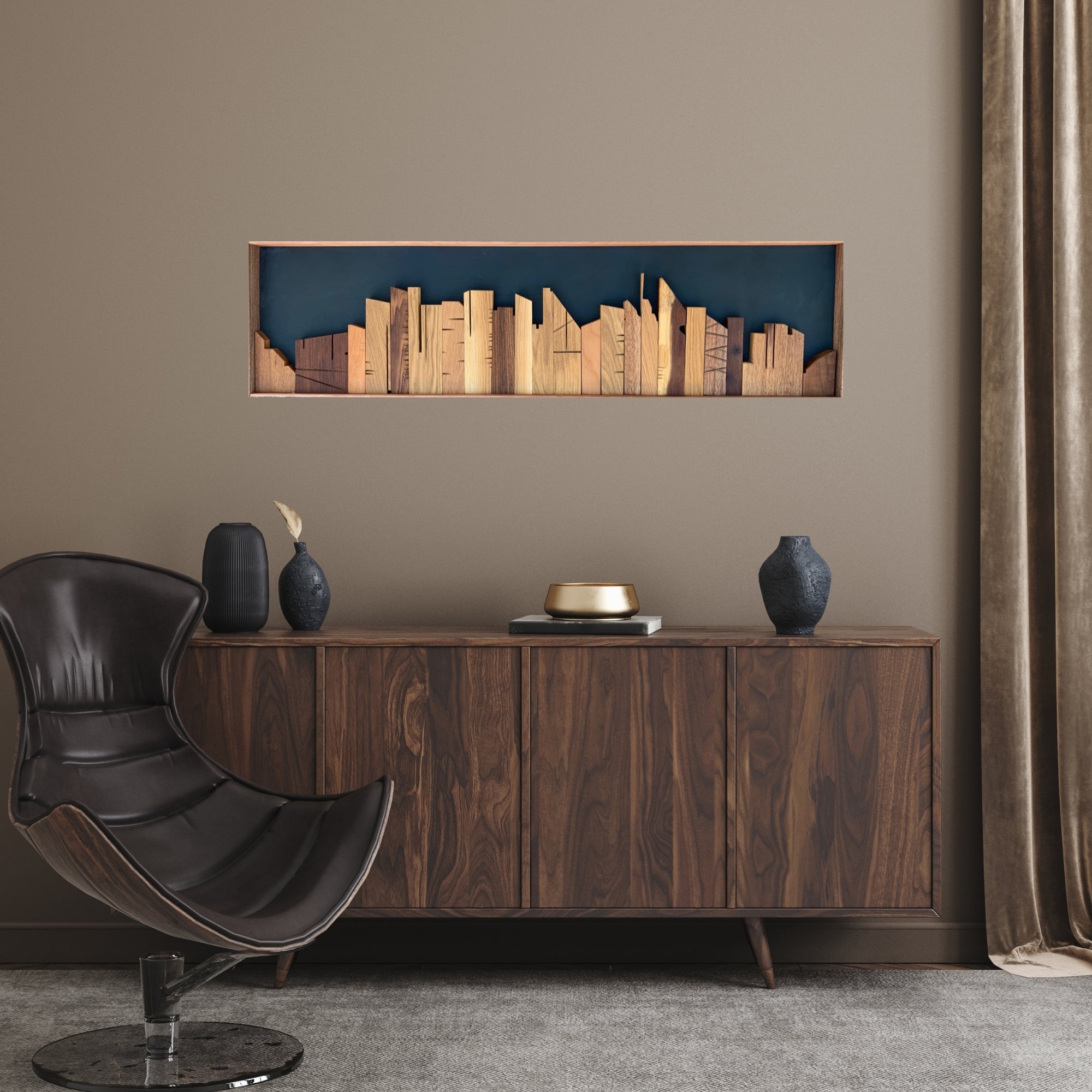 Handmade wooden wall art featuring a stylised city skyline silhouette. Carved and shaped from exotic hardwoods with fine engraved details, framed against a painted navy-blue backdrop. Part of the Cityscape Collection.