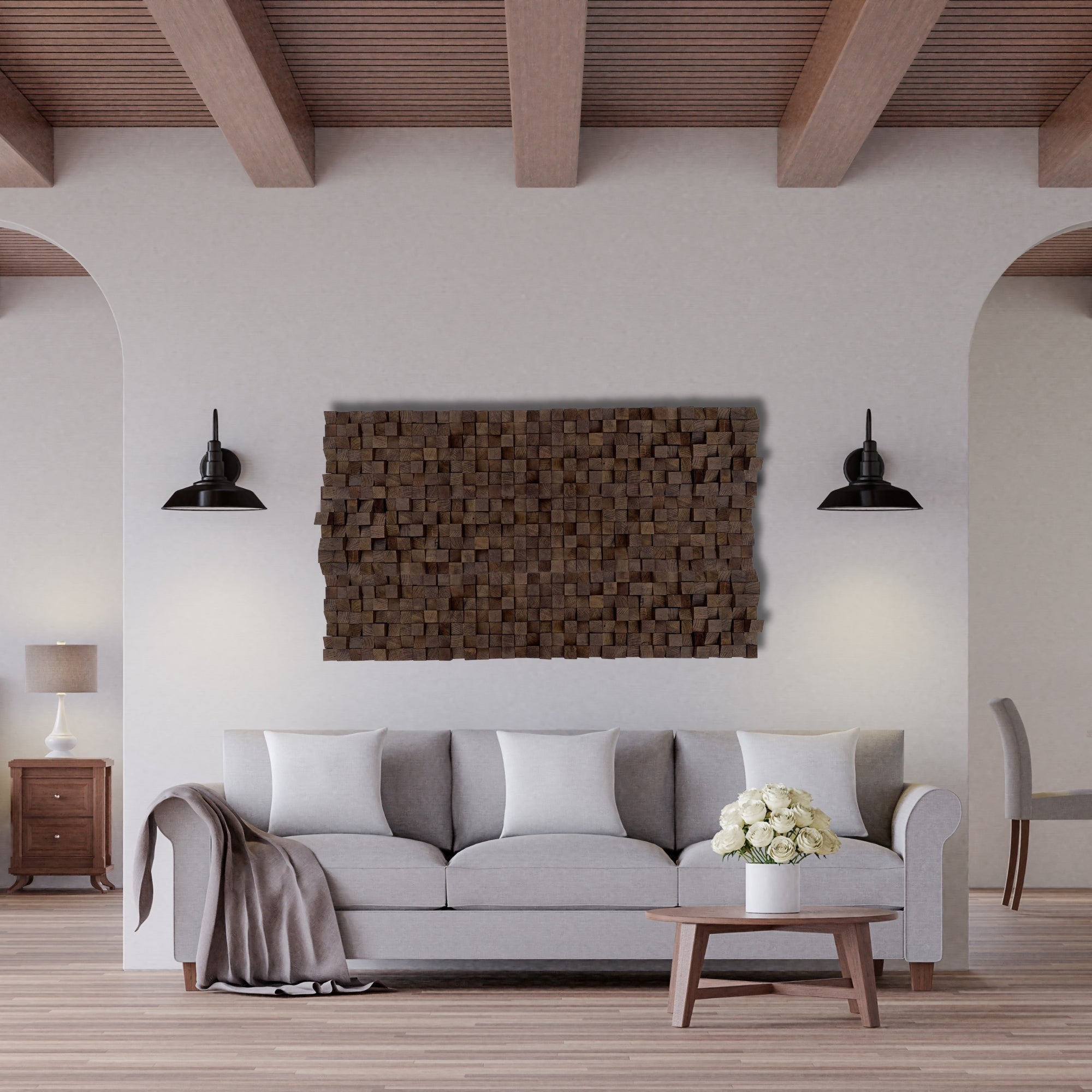 Handmade wooden wall art crafted from white oak blocks finished with dark wax. Features a dense, sculptural texture with tonal depth and a natural, rustic edge. Ideal for neutral interiors and statement walls.