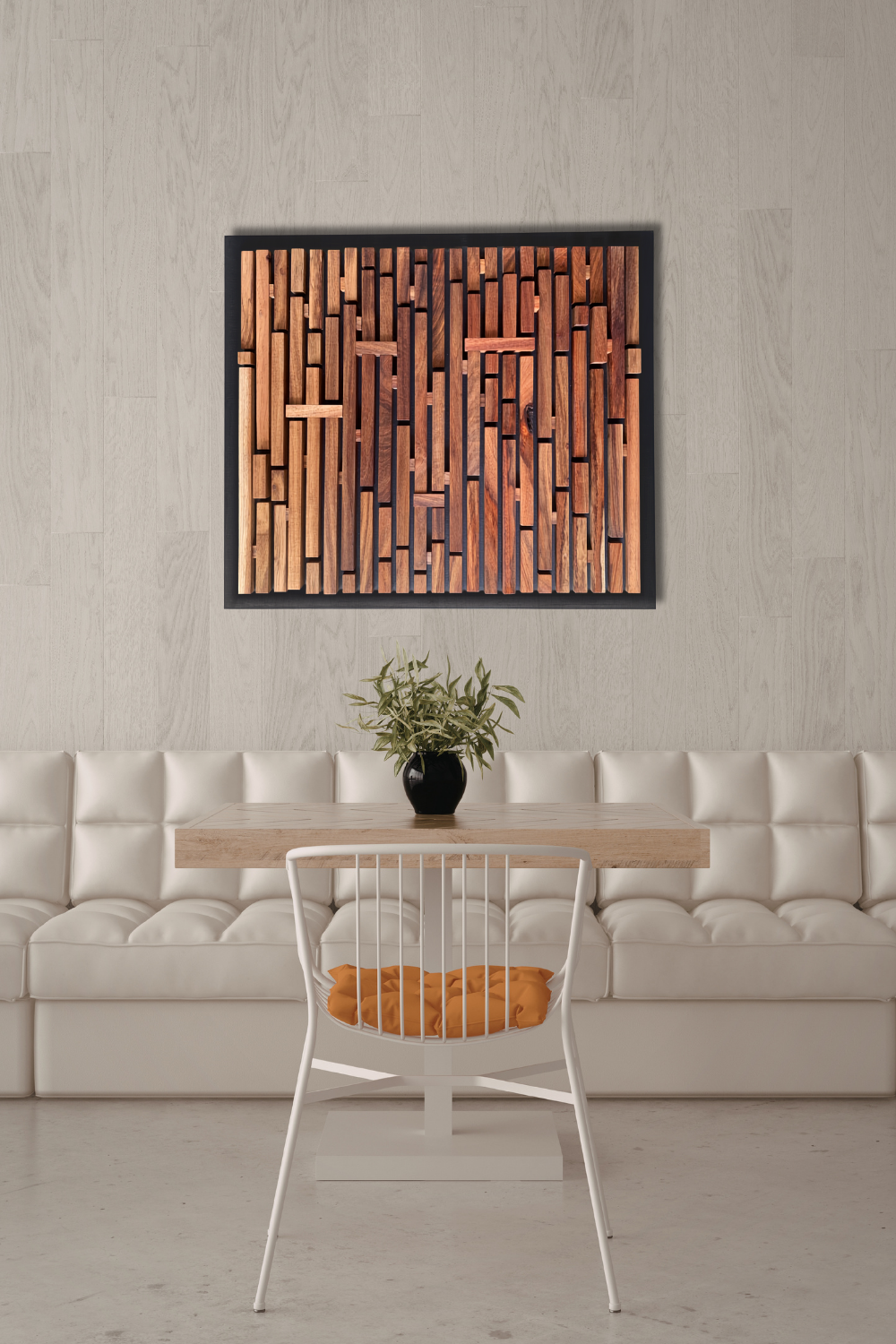 Finding the Way sculptural Kiaat wood wall art displayed above a dining table in a contemporary interior