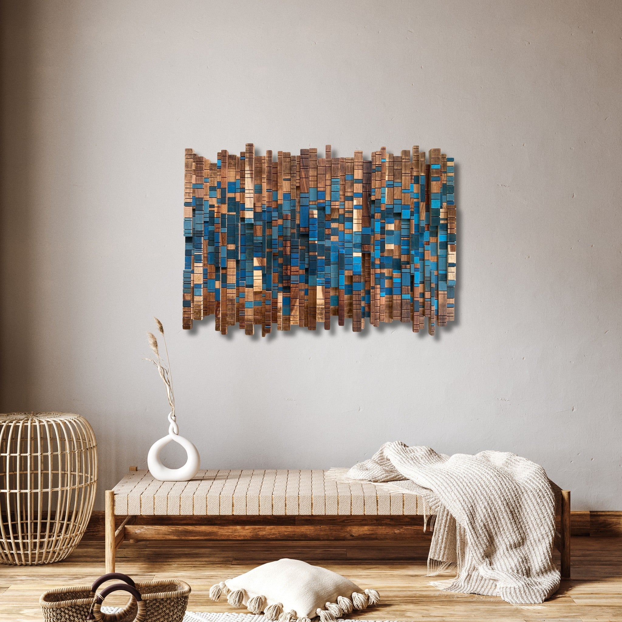 Forest Stream-Sculptural Wood Wall Piece in Kiaat & Blue | Andrea made