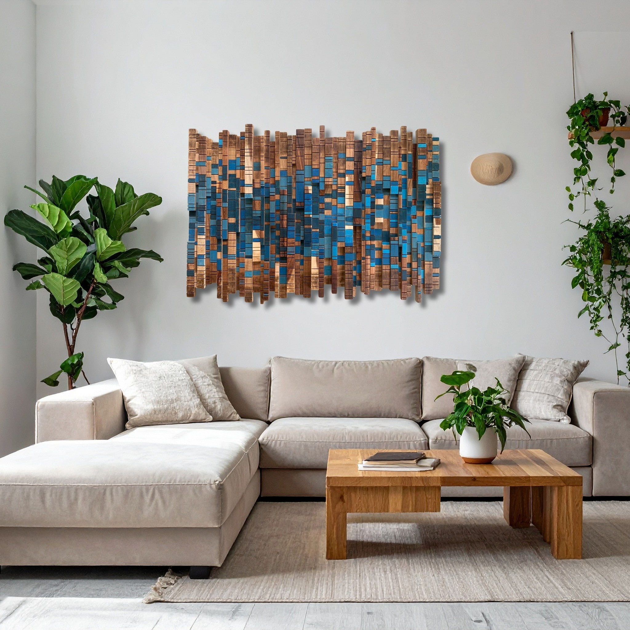 Forest Stream-Sculptural Wood Wall Piece in Kiaat & Blue | Andrea made