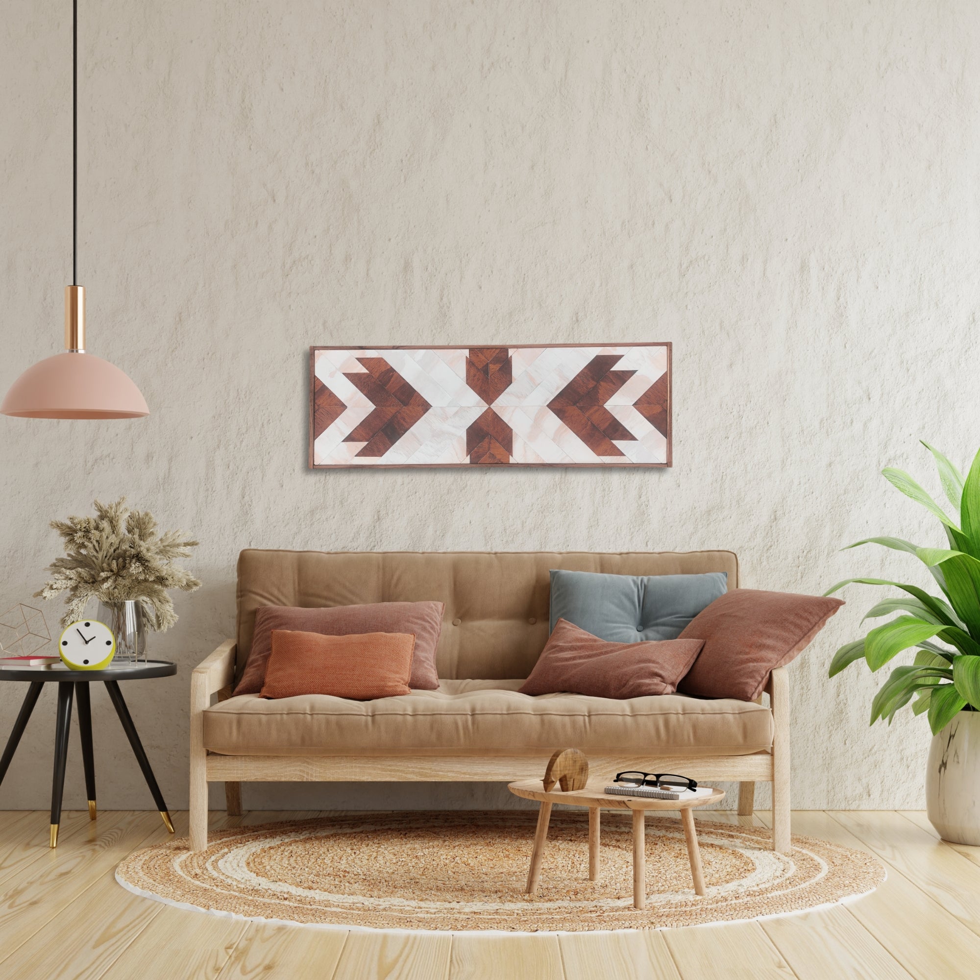 Geometric wooden wall art with an angular chevron pattern in warm red hardwood and white painted pine. Handmade and framed, part of the Geometric Wall Art collection. Features clean lines and bold symmetry in a horizontal format.