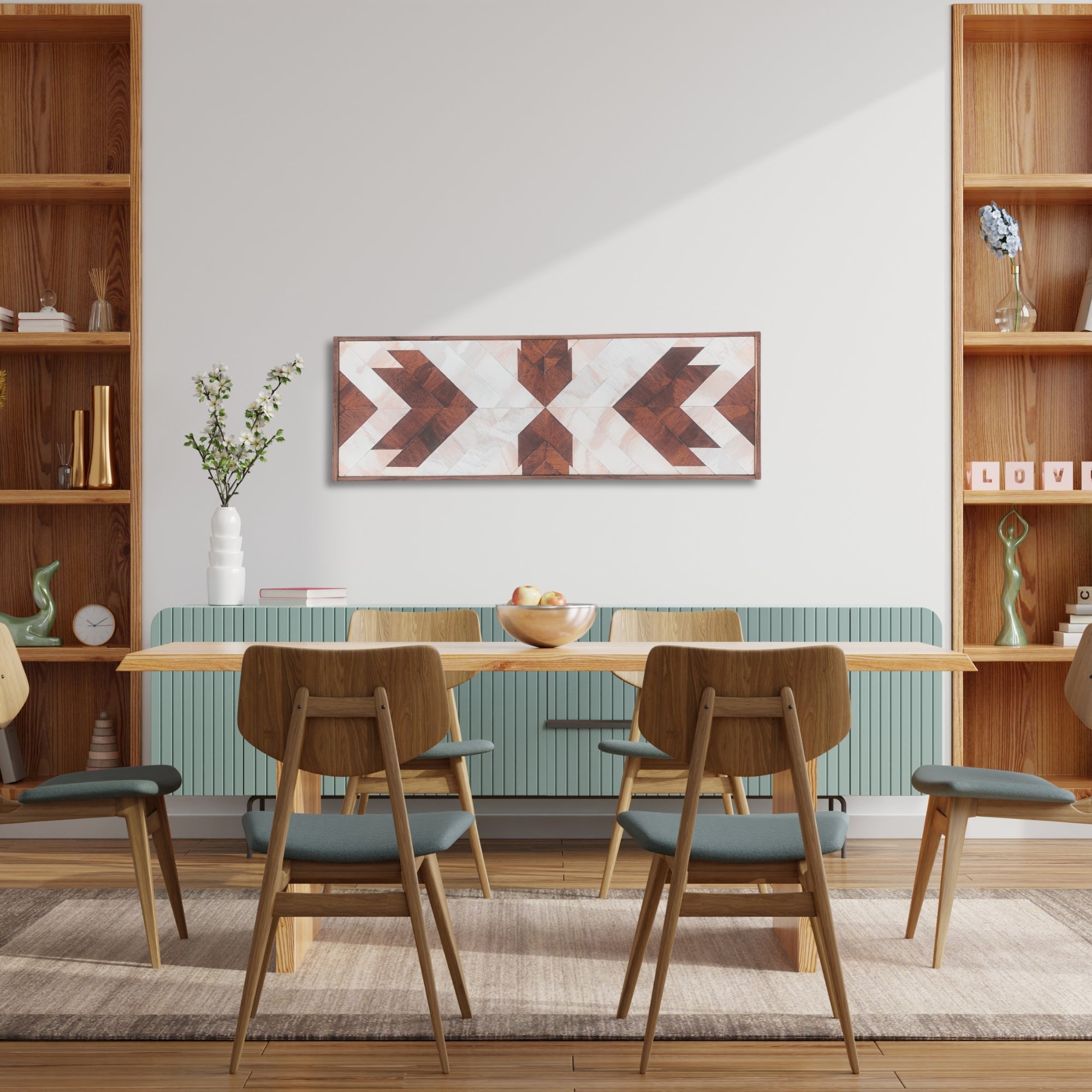 Brown and white geometric wooden wall art displayed above a dining table in a warm modern interior.