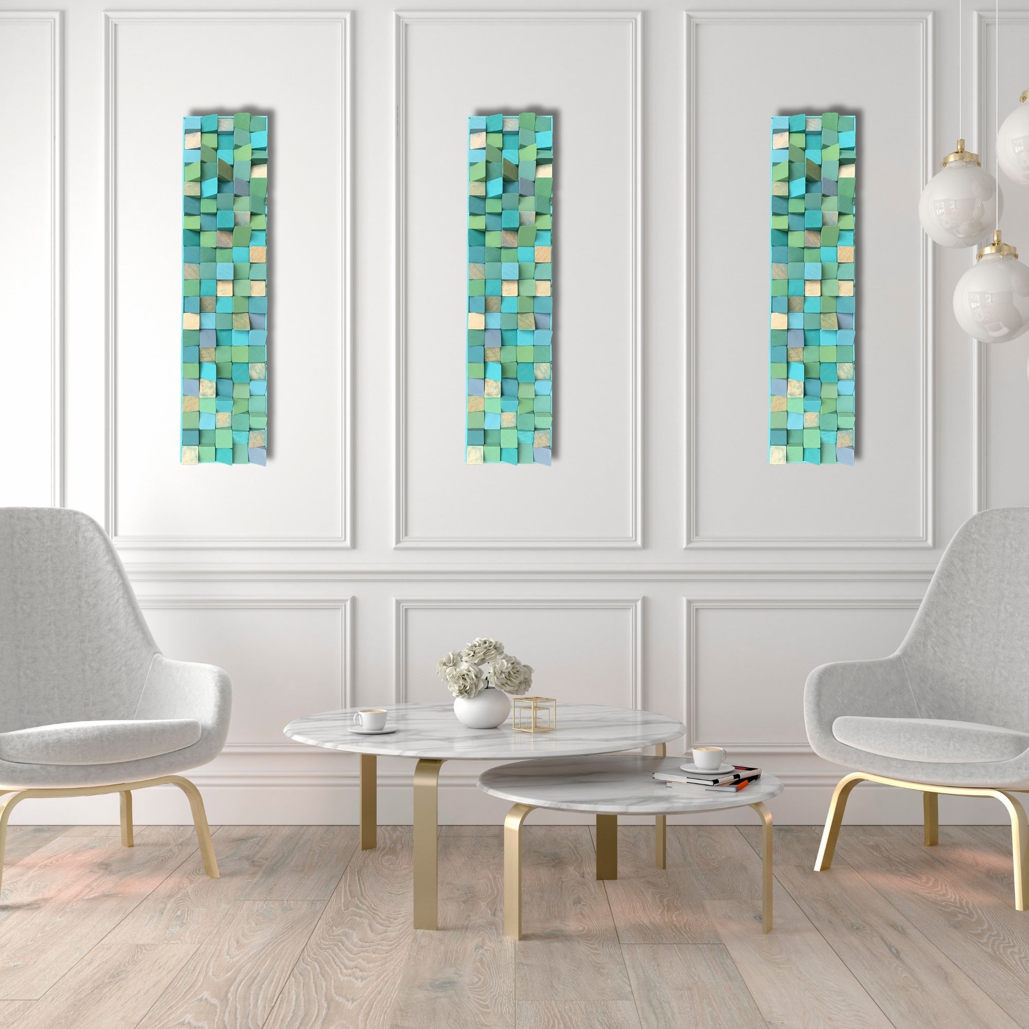 Triptych of vertical wooden wall panels made from hand-painted pine blocks in soft green, teal, aqua, and light blue, accented with touches of gold. Sculptural surface with a textured, mosaic-style layout. Elegant and calming, ideal for modern interiors.