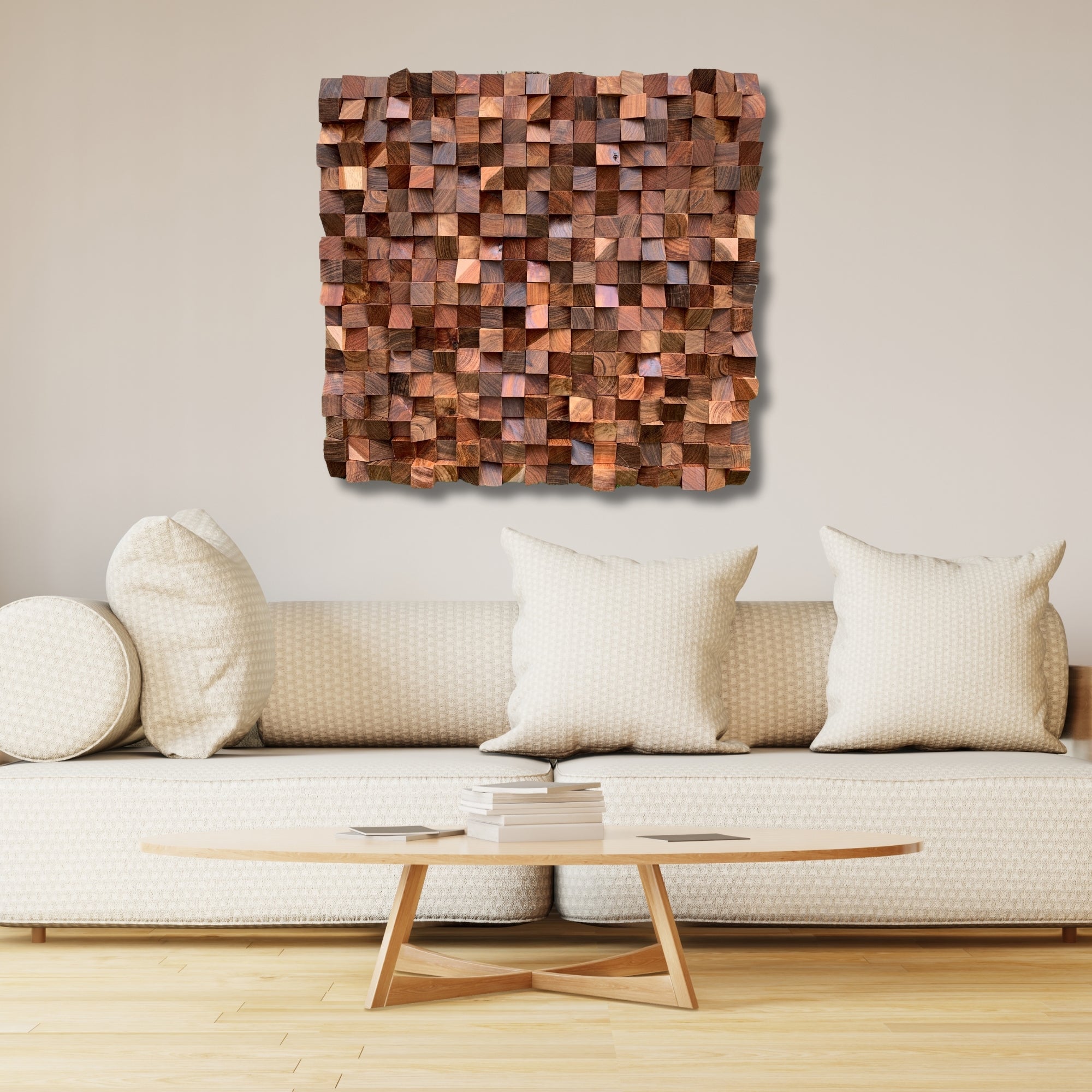 Sculptural wooden wall art made from solid Kiaat wood, featuring a grid of raised, hand-shaped blocks in warm natural tones. Acoustic-style texture with a three-dimensional surface.