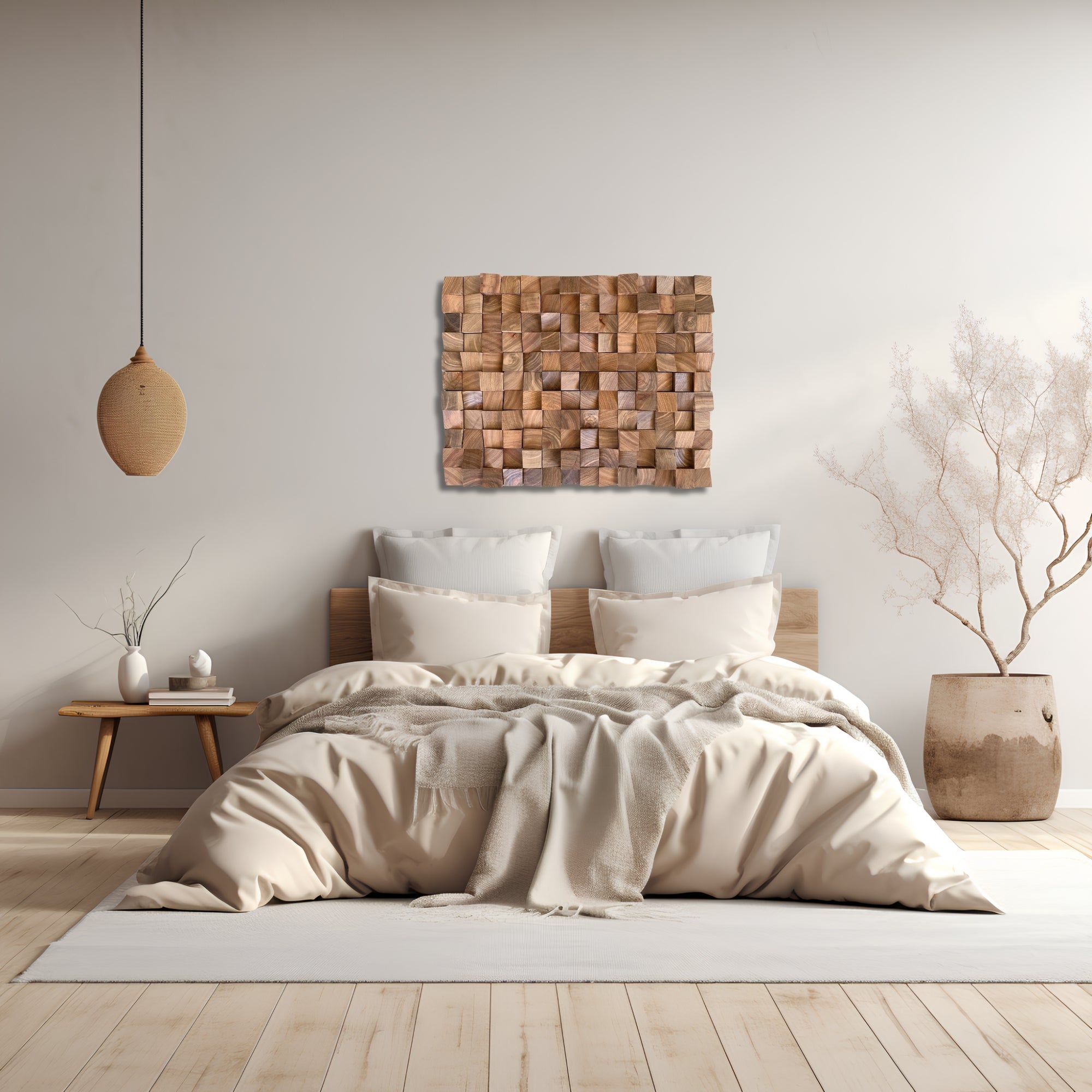 Handcrafted wall art made from solid Kiaat wood, featuring hand-shaped blocks arranged in a flowing, sculptural grid. Rich natural variation in tone and grain. A warm and elegant textured piece ideal for soft, neutral interiors.