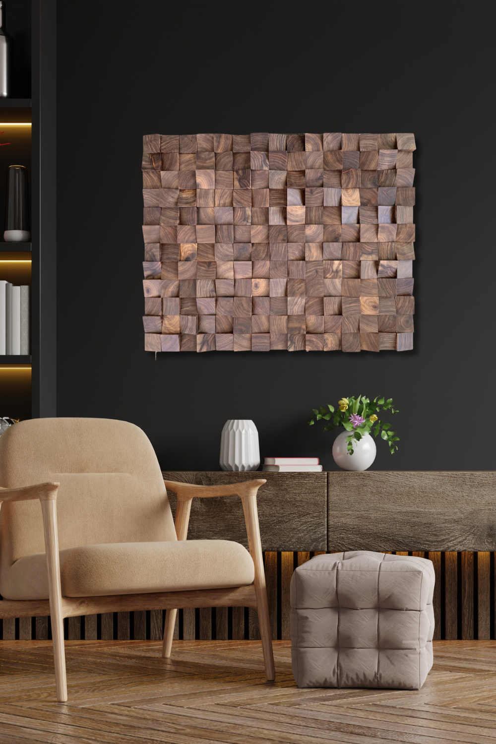 Textured Kiaat wood mosaic wall art displayed on a dark wall in a refined modern interior.