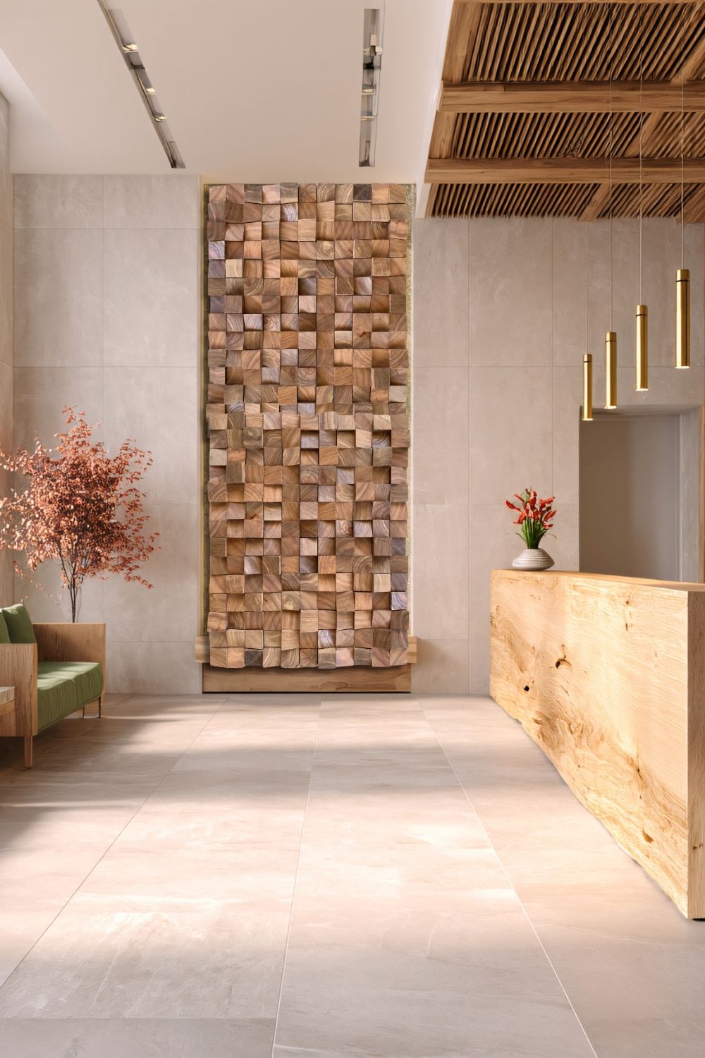 Large Kiaat wood mosaic wall art displayed in a modern commercial interior with warm timber details and raised block texture.