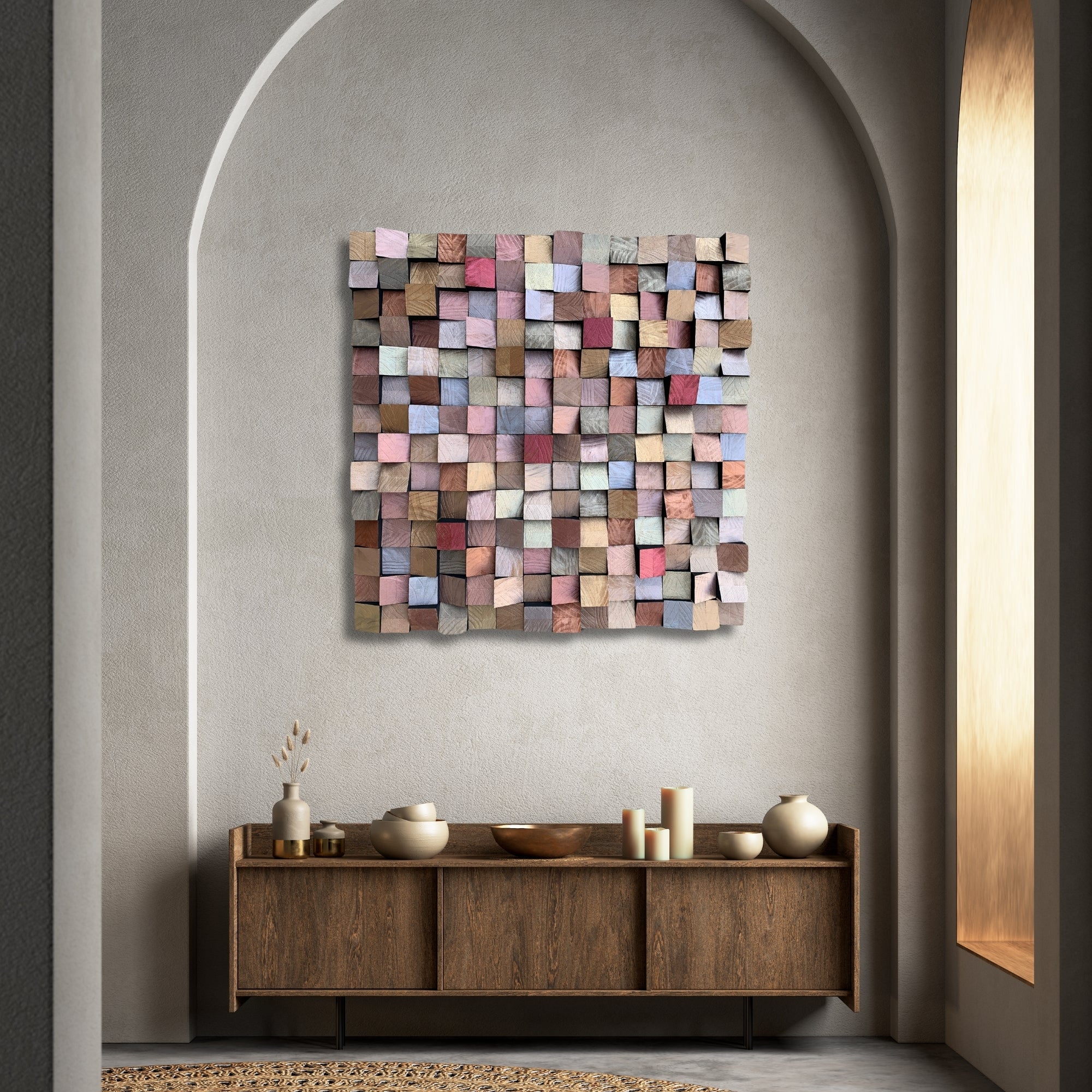 Sculptural wooden wall panel made from hand-cut blocks of painted pine in bronze and gold tones. The surface features a grid-like texture with soft gold and bronze, pinks, mauves, and natural wood grain. A one-of-a-kind acoustic-style artwork.