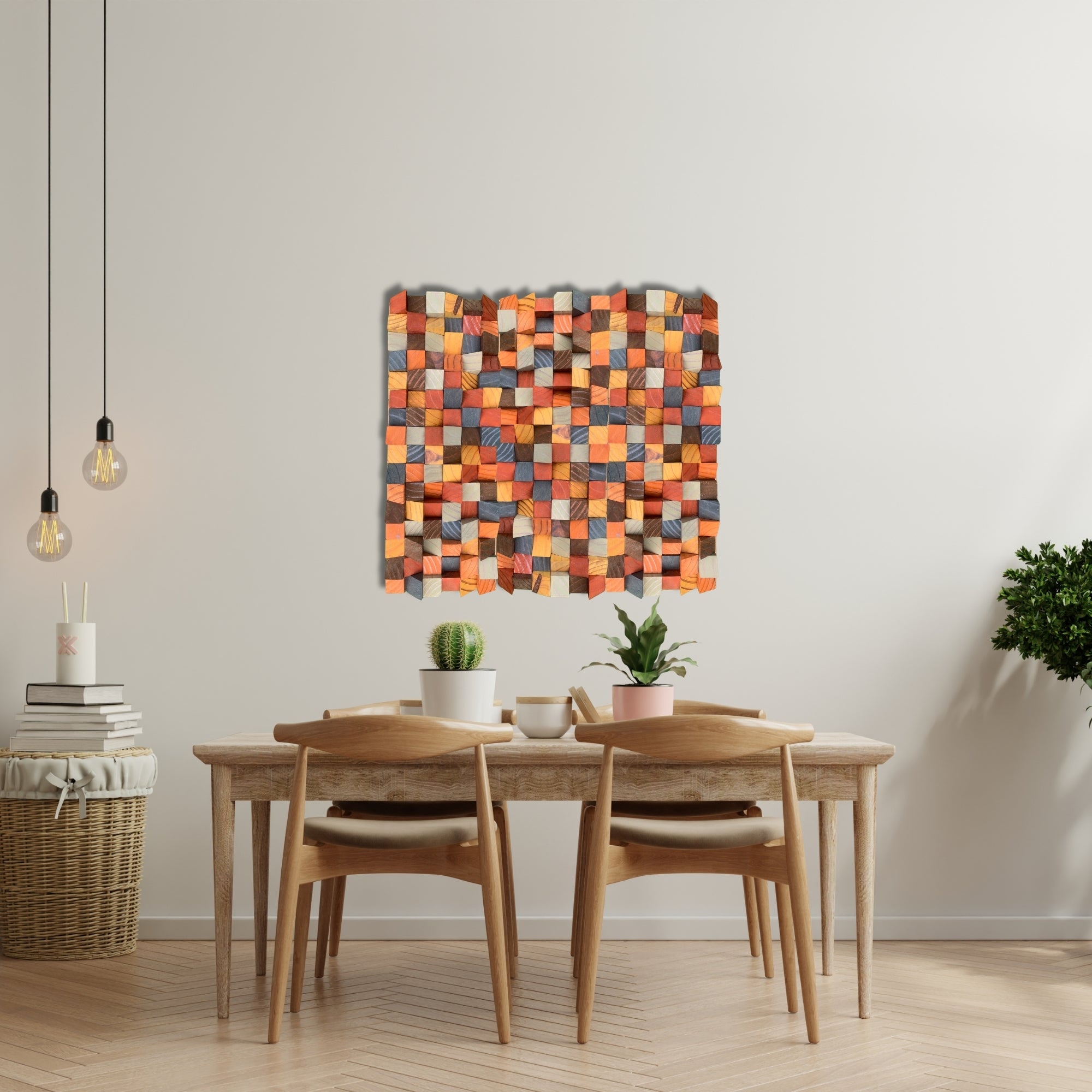Handmade wall art featuring colourful wood blocks crafted from stained Premium Pine. Mosaic-style design with vibrant orange, red, greyish blue, and natural wood tones in a sculptural grid layout. Textured surface adds depth and warmth.
