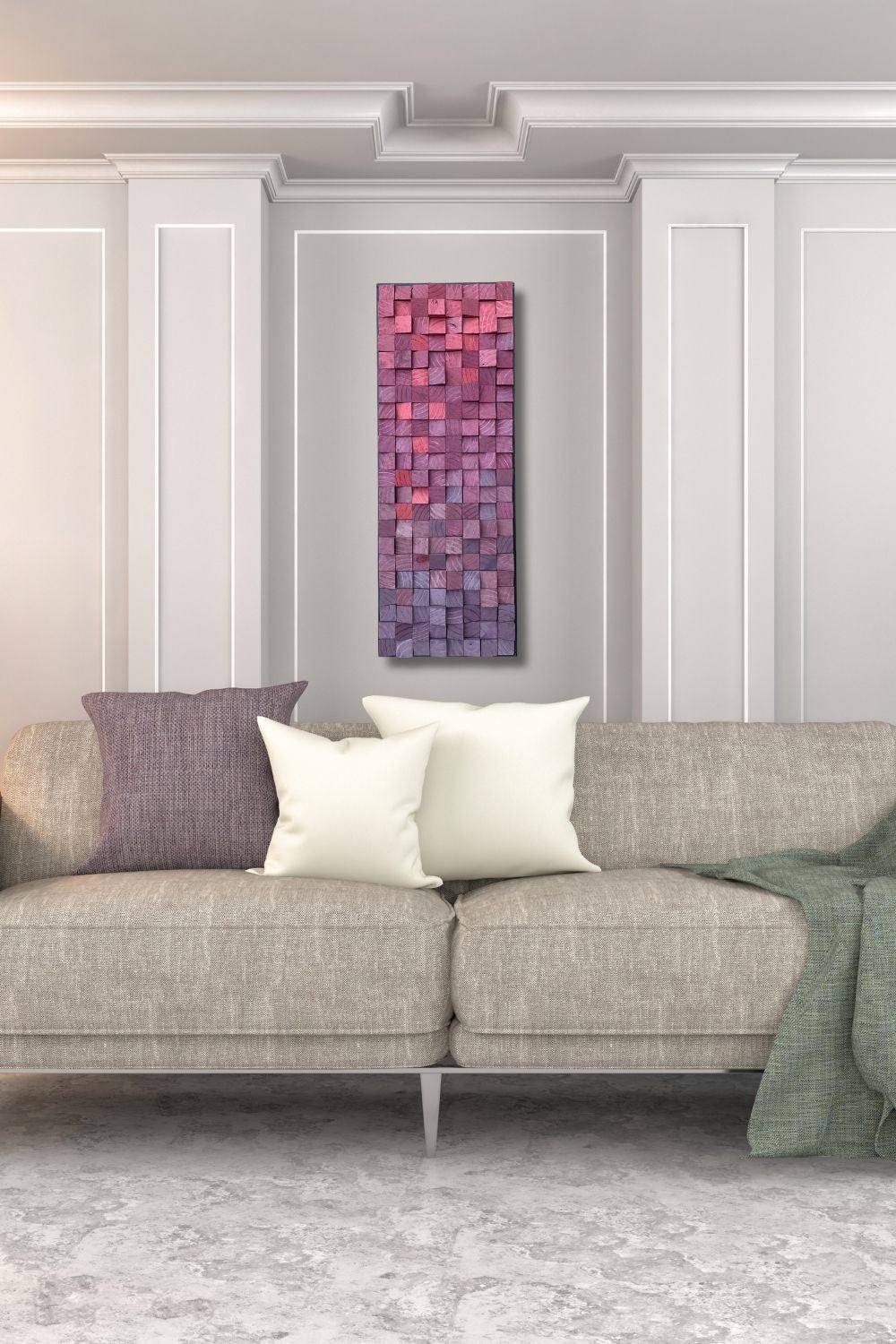 Pink and purple vertical wooden wall art displayed above a neutral sofa in a soft modern living room.