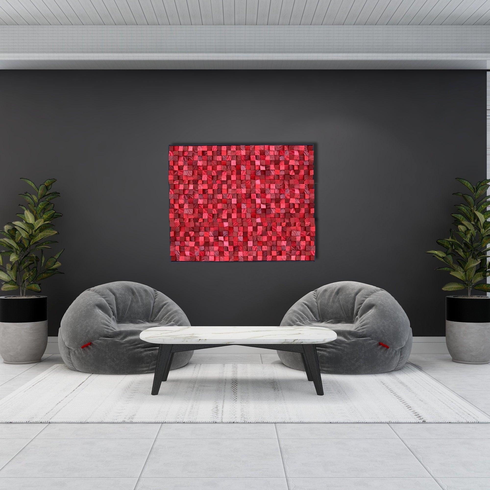 Handmade wooden wall art in vibrant shades of red, crafted from painted pine blocks. Features a sculptural mosaic-style texture with a grid layout and tonal variation. Bold and modern statement piece for contemporary interiors.