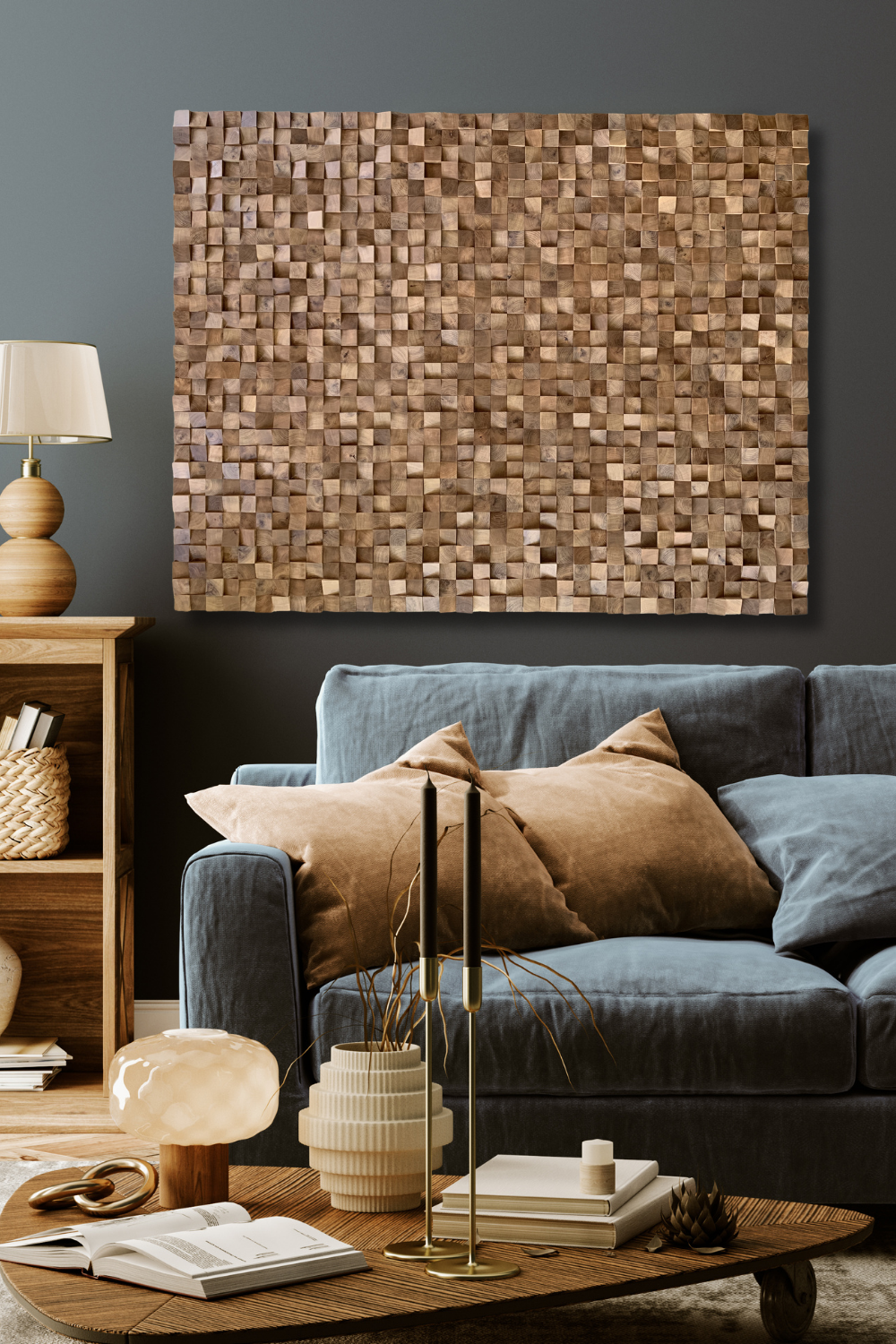 Rustic oak block wall art displayed in a warm neutral interior, highlighting the natural variation, texture, and depth of the oak surface.