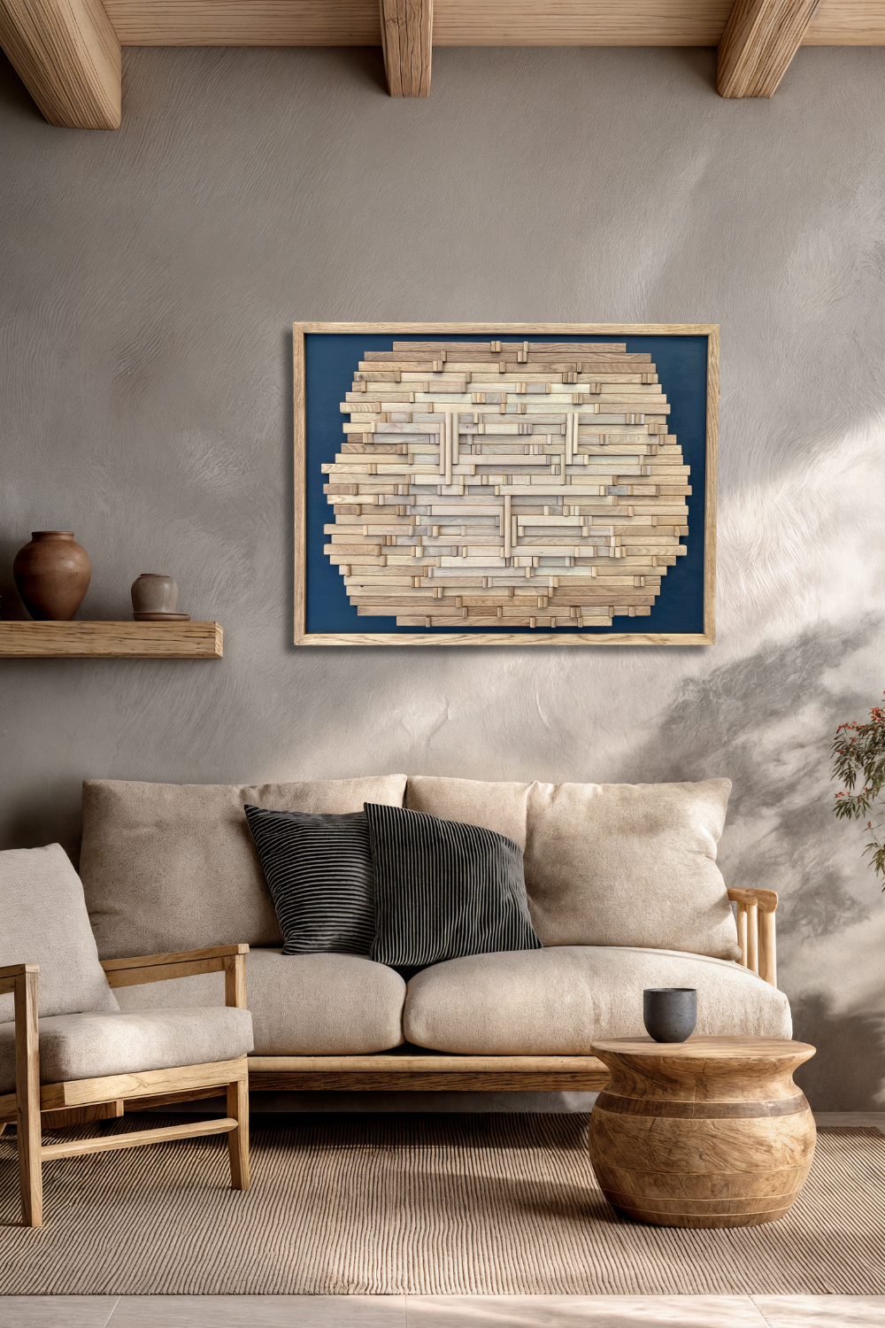 The Obstacles We Face sculptural wood wall art displayed above a neutral sofa in a contemporary interior.
