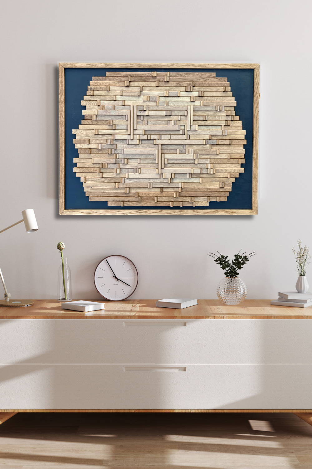 The Obstacles We Face sculptural wood wall art displayed above a wooden sideboard in a contemporary interior.