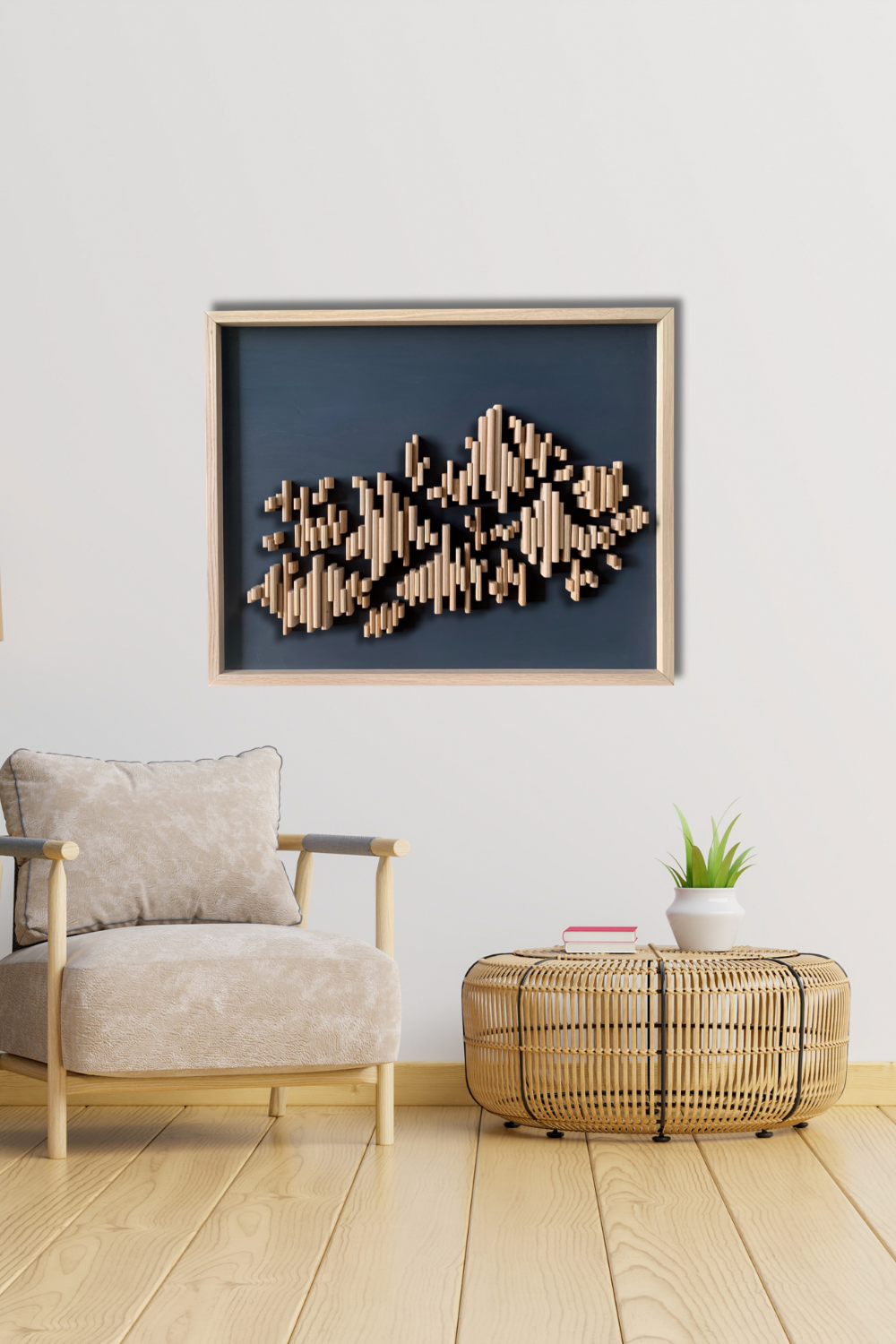 The Rhythm of Life sculptural wood wall art displayed above an armchair in a warm contemporary interior.