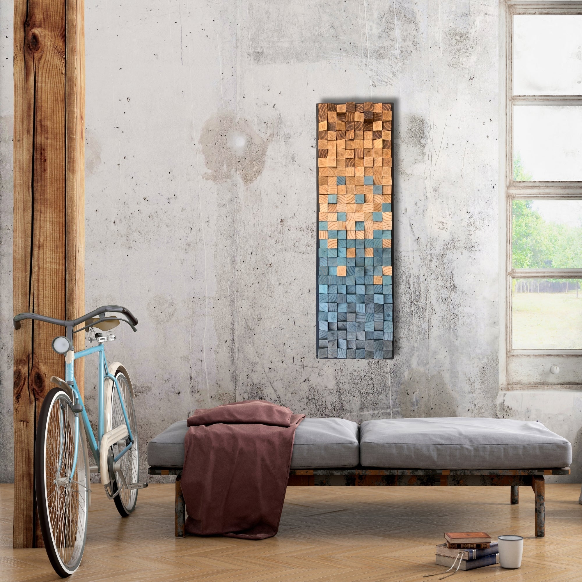 Vertical wooden wall panel featuring a colour gradient from natural wood tones to blue-painted pine. Made from individually treated blocks in light and dark wax finishes and hand-painted sections. Textured mosaic-style artwork in a modern sculptural format.