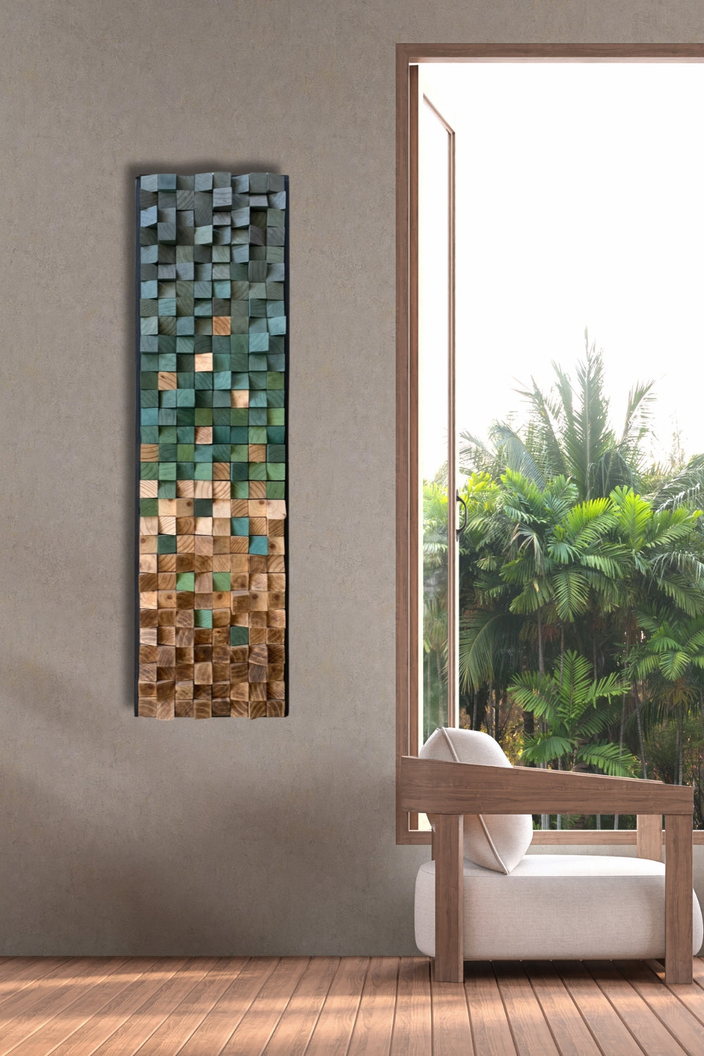 Vertical gradient wooden wall art with green, gold, and natural wood tones displayed in a warm neutral interior.
