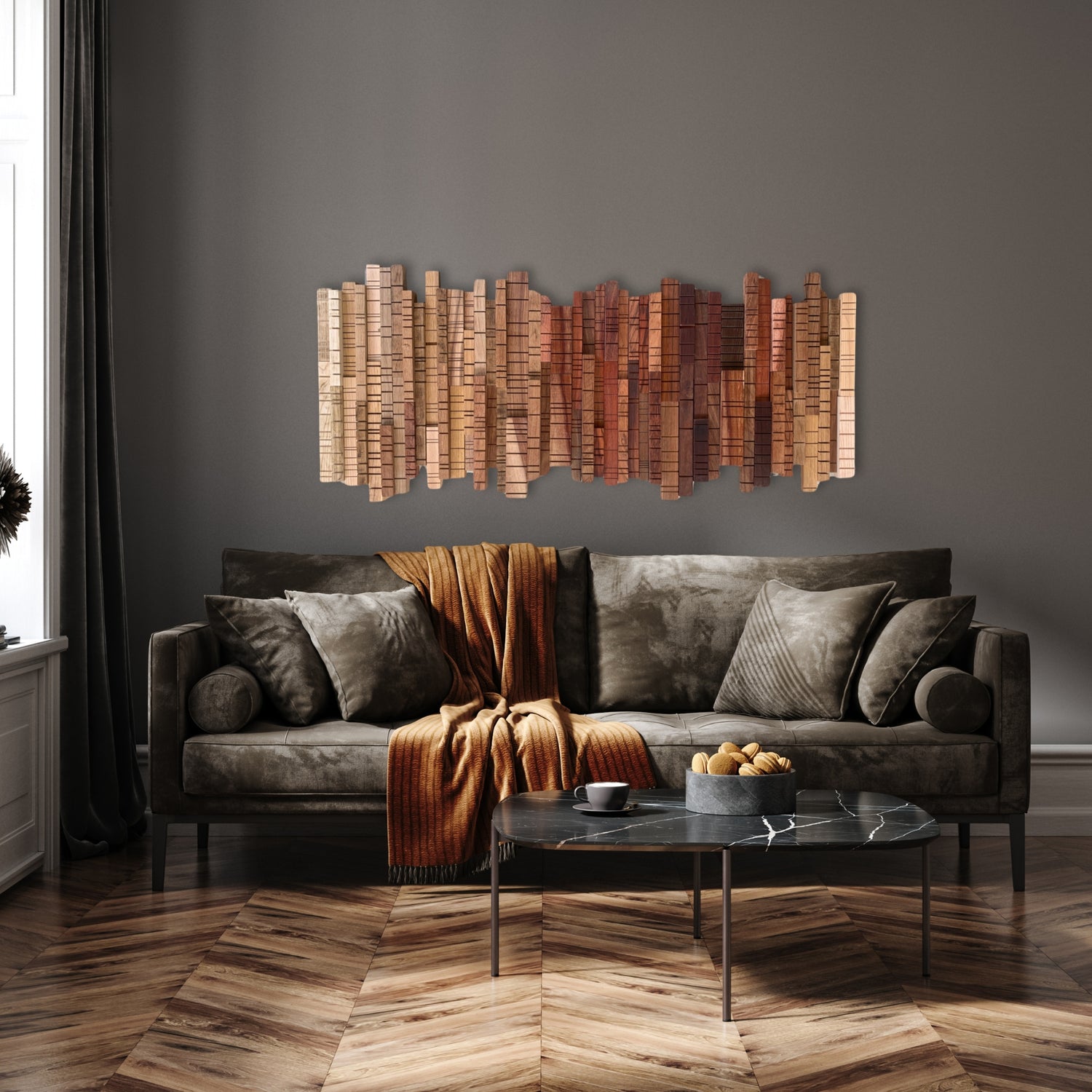 A Walk Through the Forest wooden wall art above a dark sofa in a warm modern living room.