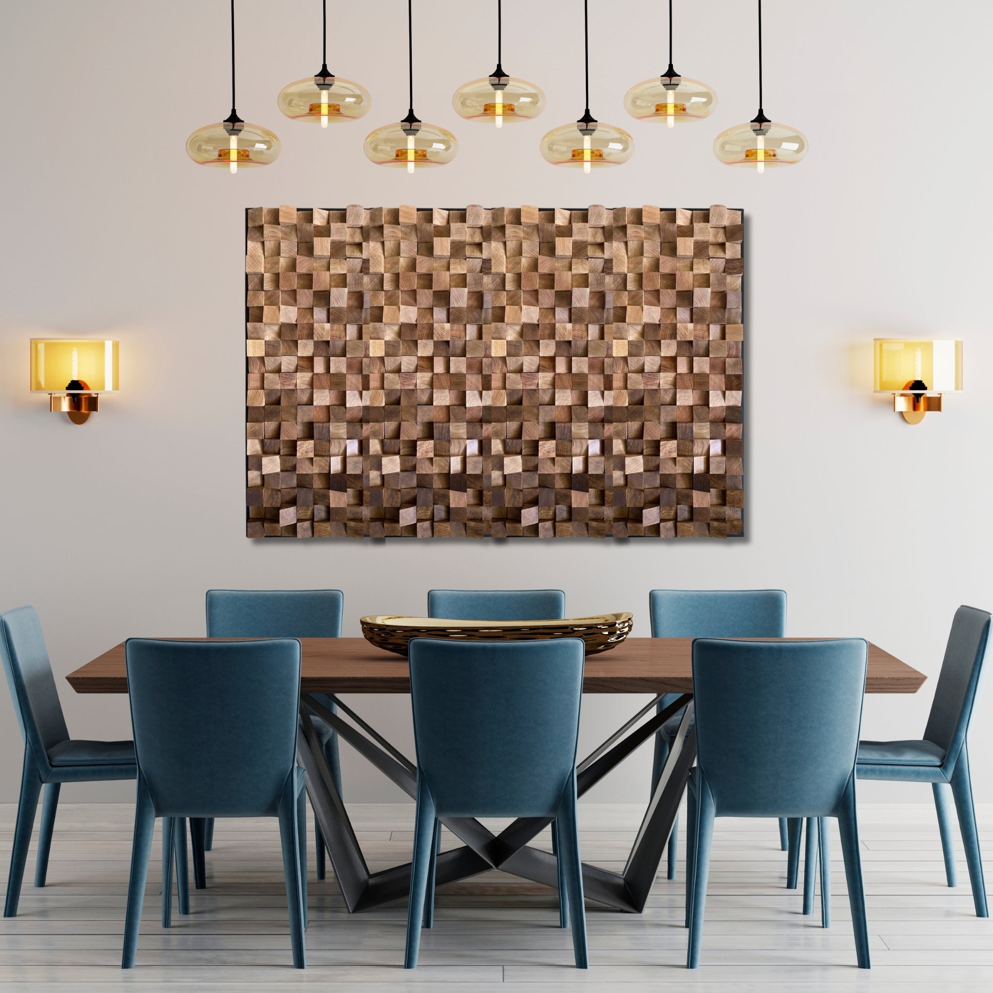Handmade wooden wall panel crafted from white oak blocks in light and dark wax finishes. Textured acoustic-style artwork with natural variation in tone and grain. Sculptural and geometric, ideal for large modern interiors.