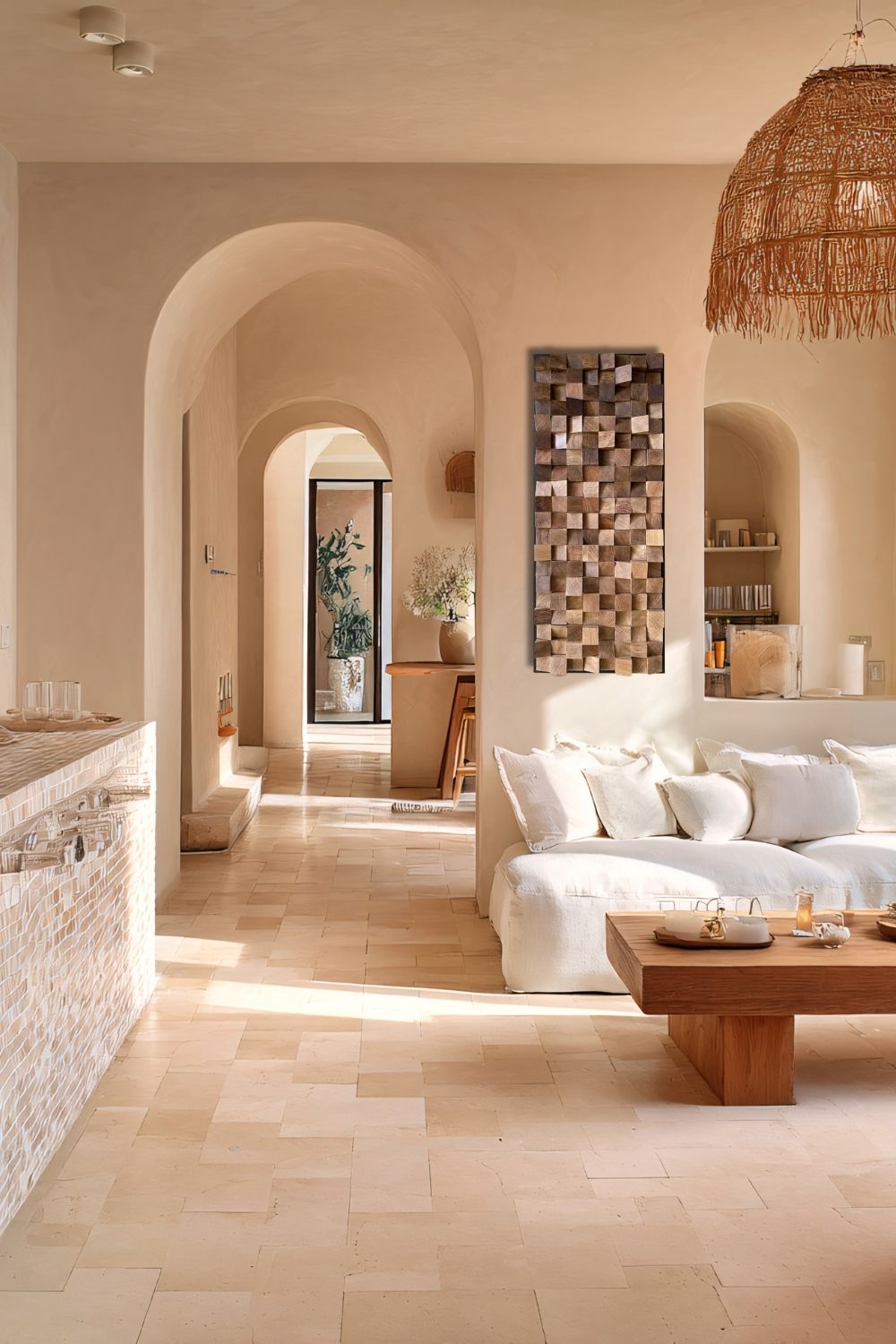 White oak block wall art displayed in a warm arched interior, finished with clear and dark wax to create a light-to-dark natural wood gradient.